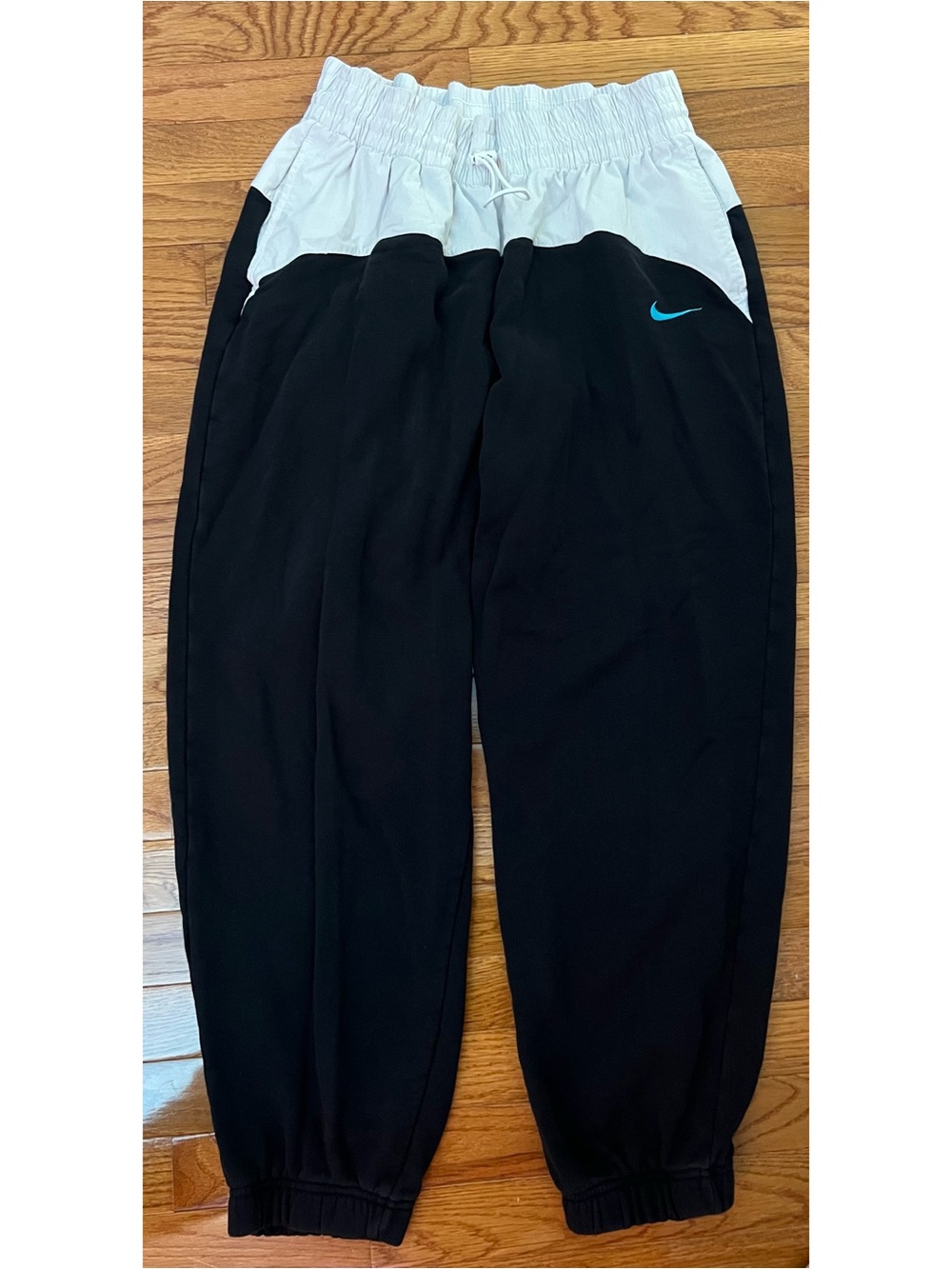 Vintage Nike Black Joggers with White Waistband and Blue Swoosh